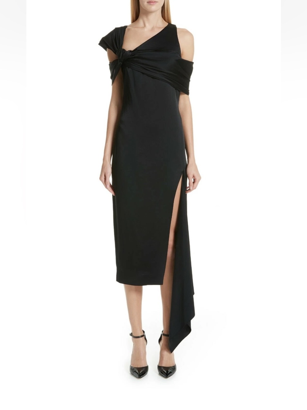 NWT MONSE Black Duchess Satin Asymmetric Off Shoulder Midi Dress $2,450 Size 6